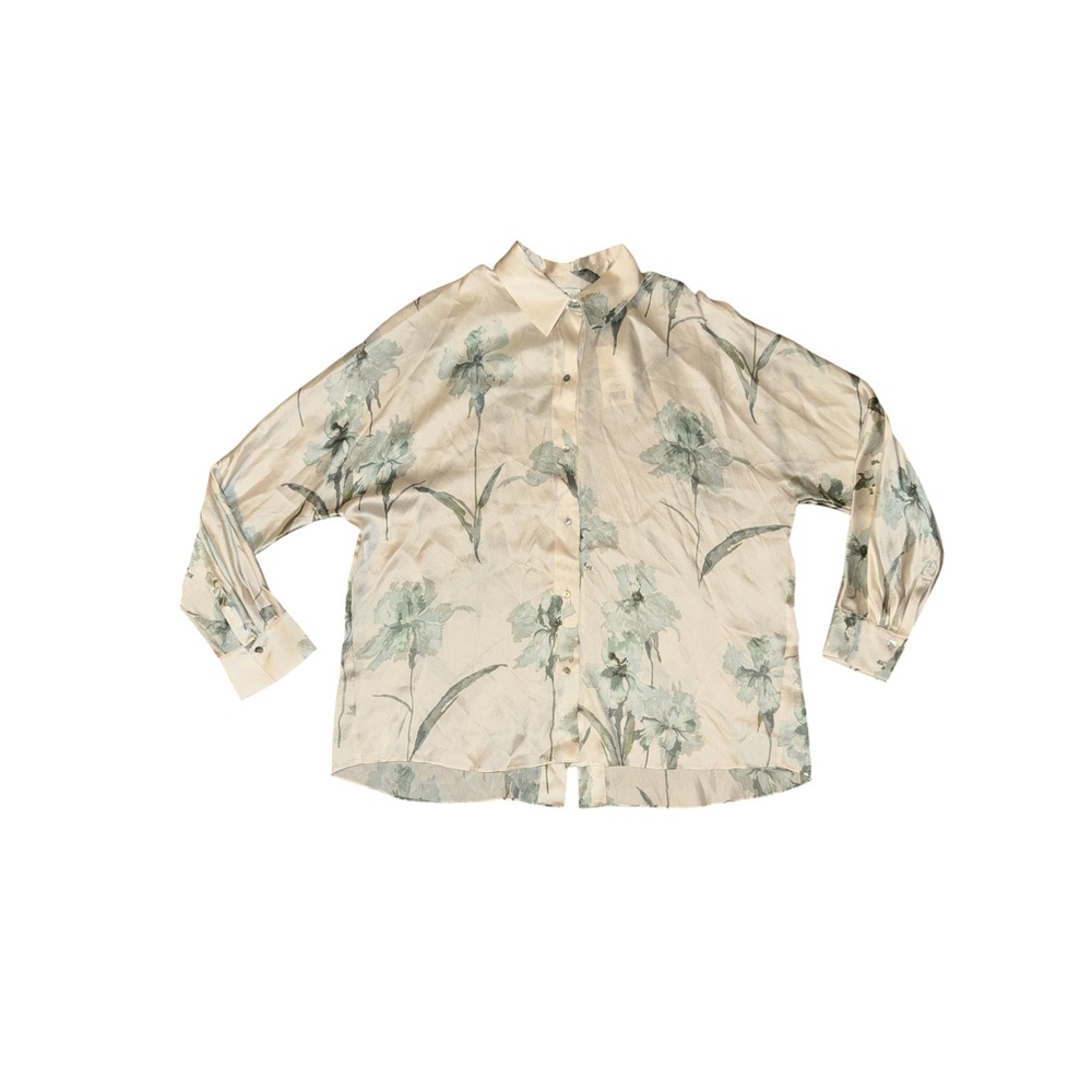 Vince Floral Silk Blouse Womens L Cream Iris Floral Oversized Split Back Shirt